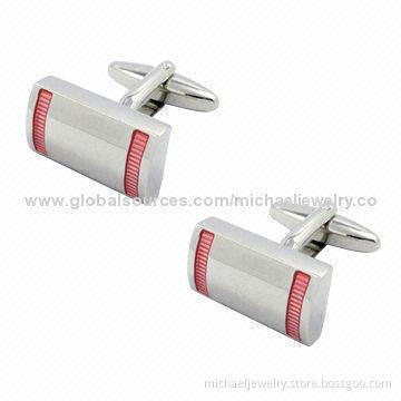 Brass Cufflinks with Red Transparent Epoxy and White Steel Plated, Nickel-free